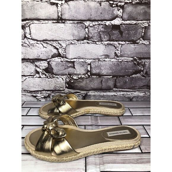 Tabitha Simmons Metallic Gold Leather Bow Slides Espadrilles Sandals Women 6.5M - Picture 1 of 16